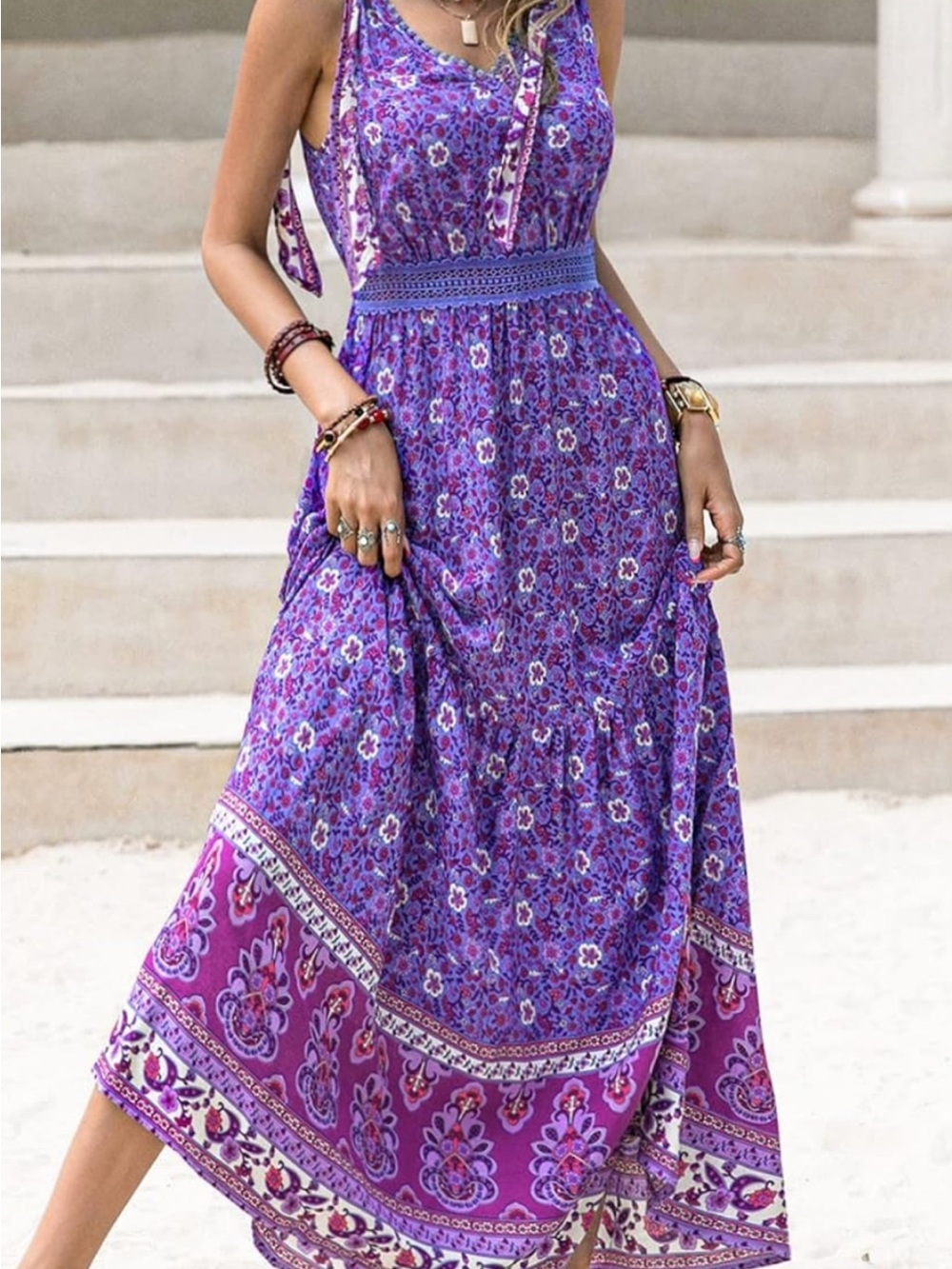 Sleeveless Purple Floral Maxi Dress with Smocked Waist